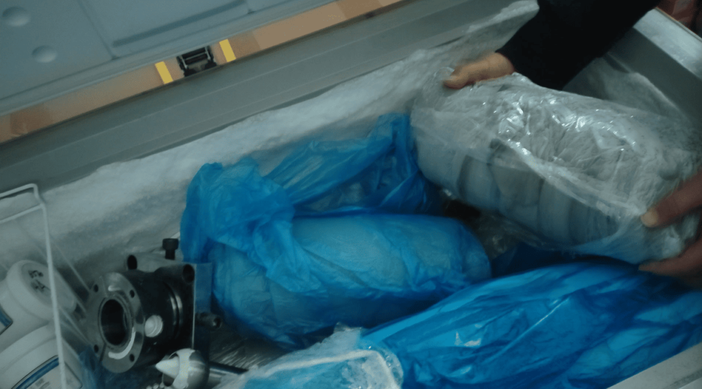 Industrial freezer storing refined silicone rubber compounds and critical extrusion mold components.