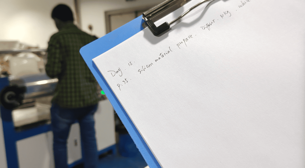 Open training notebook with detailed notes and diagrams from day fifteen of the on-site program