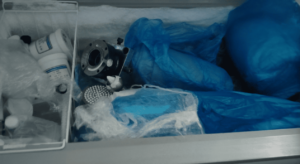 Industrial refrigerator storing silicone rubber materials and critical mold components for reuse at customer's factory.
