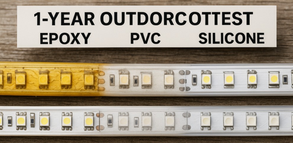 A side-by-side comparison of PVC and silicone LED strips showing the yellowing effects of aging.