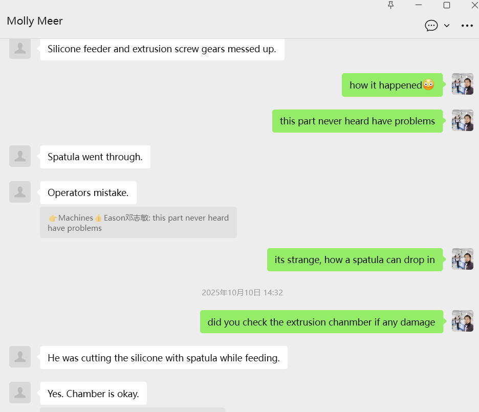 Conversation log explaining that a spatula fell into the silicone feeder during manual cutting.