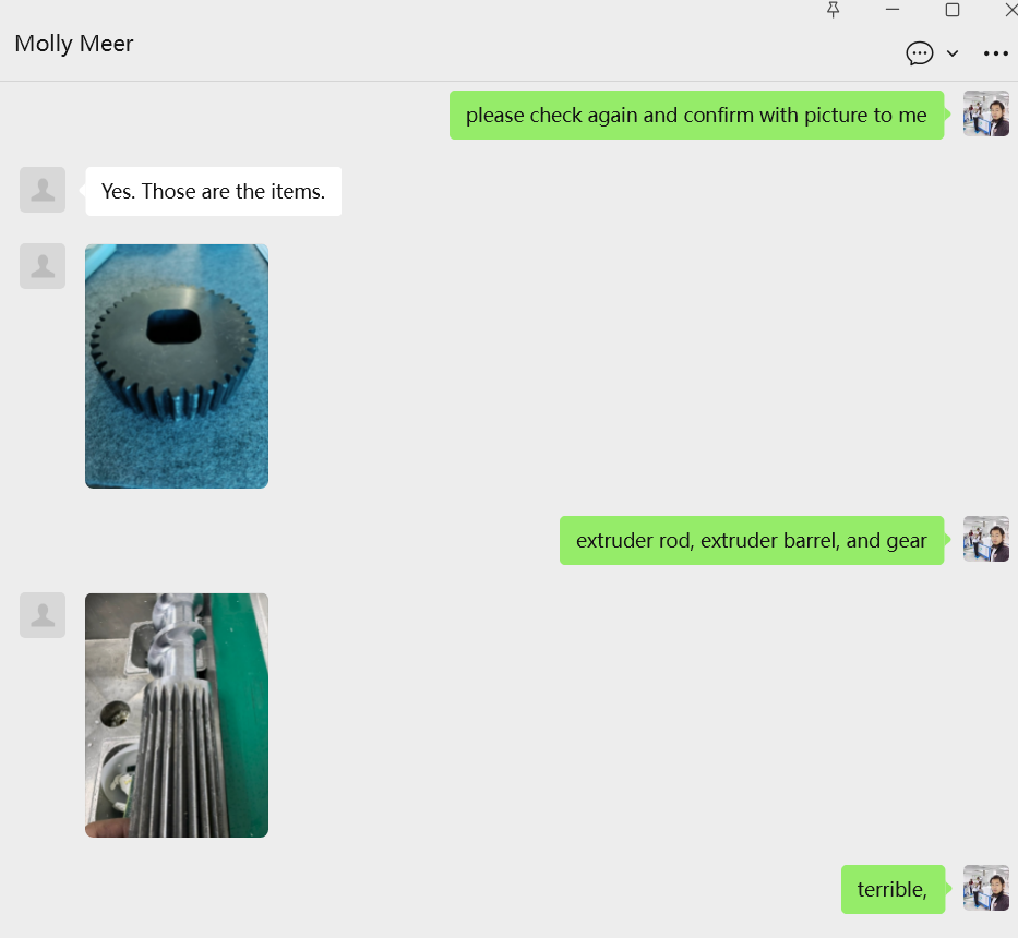 Chat screenshot showing Eason confirming the damaged items: extruder rod, barrel, and gear.